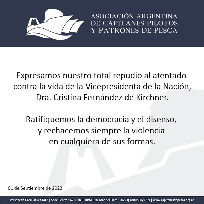Expresamos nuestro total repudio al atentado 
contra la vida de la Vicepresidenta de la Nación,
 Dra. Cristina Fernández de Kirchner. 

Ratifiquemos la democracia y el disenso, 
y rechacemos siempre la violencia 
en cualquiera de sus formas.