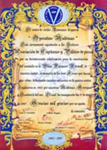 Diploma de Agradecimiento otorgado por el centro de civiles Veteranos de guerra Operativo Malvinas a la AACPyPP. Click! para ampliar